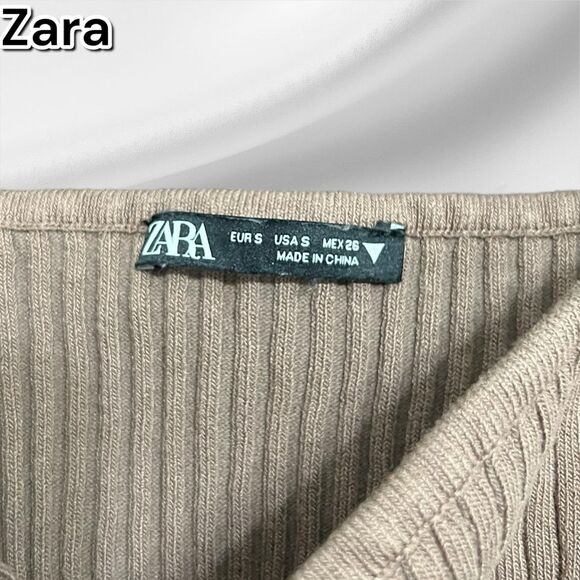 Preowned Zara Tan Long Sleeve Cold Shoulder knit ribbed Crop Top - Small - Picture 5 of 7